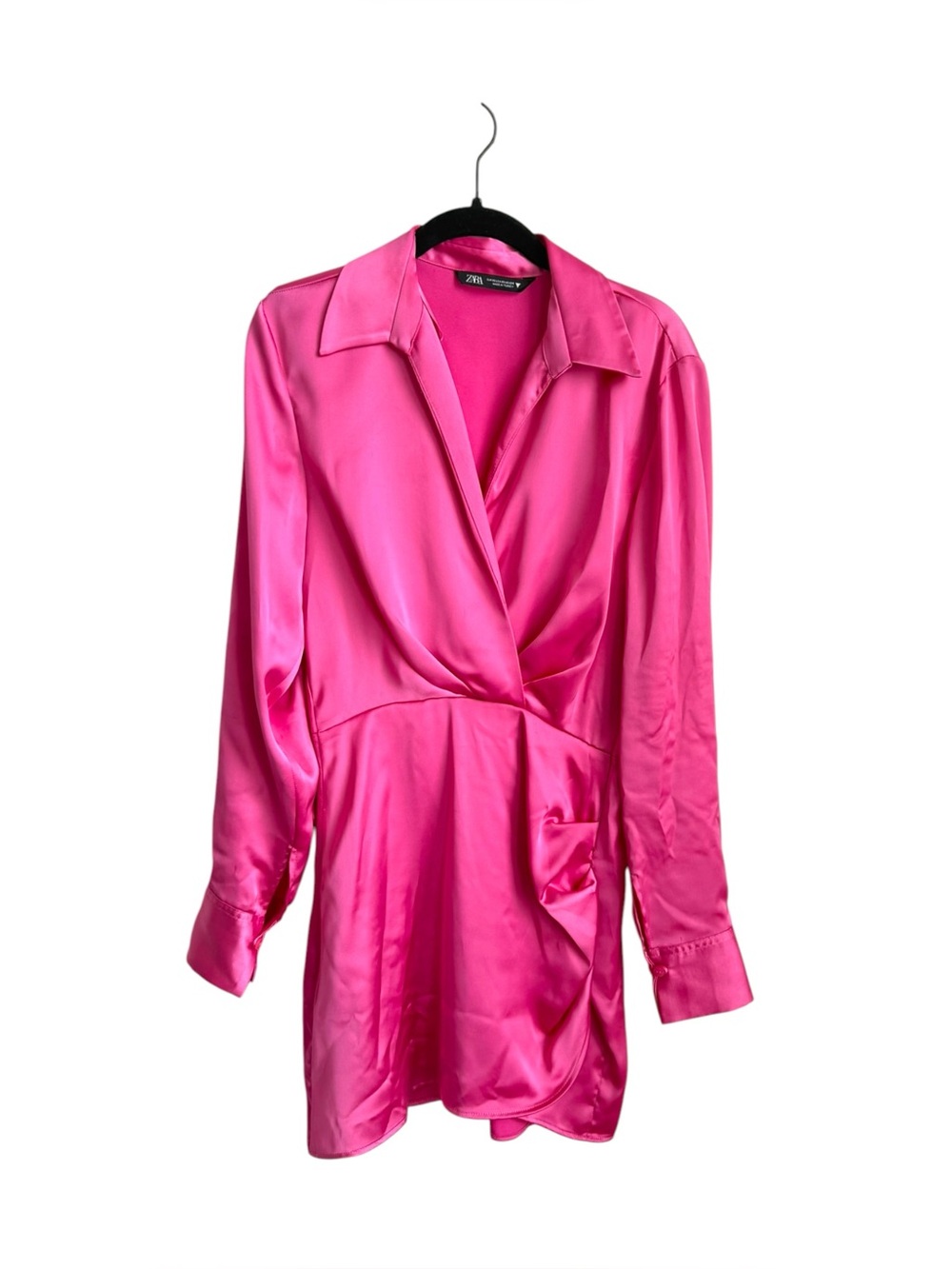 Zara Pink Satin Effect Wrap Mini Shirt Dress Size XS